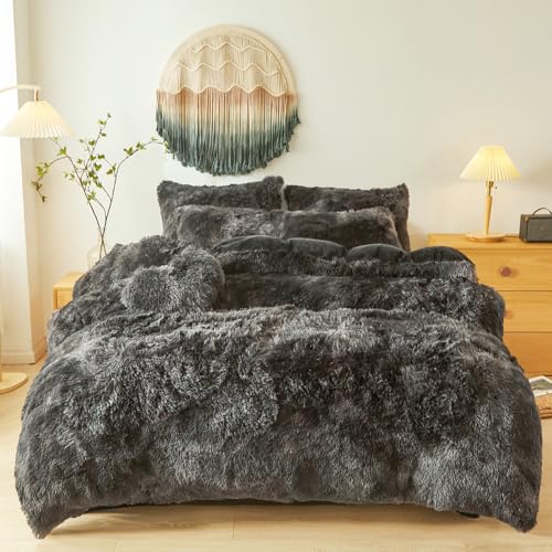 Fluffy Faux Fur Tie Dye Black Comforter Cover Twin Set – Plush Fluffy Tie Dye Black Bedding 2-Piece Set (1 Furry Duvet Cover + 1 Shaggy Pillow Sham) Cozy Bed Set