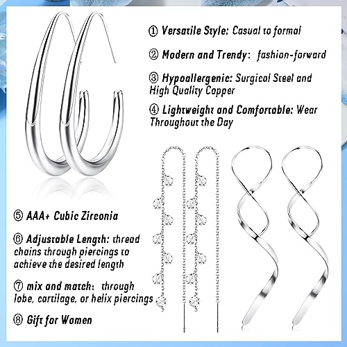 LOLIAS Threader Earrings for Women Gold Silver Plated Dangle Thread Earrings Dainty Spiral Twisted Wave Ball Tassel Chain Earrings Long Surgical Steel Pull Through Earrings for Women Lightweight2