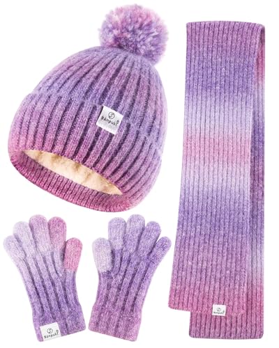 Kids Winter Beanie Gloves Scarf Set,Girls Toddler Winter Hat With Pom Neck Warmer Gaiter Mittens Fleece Lined Set