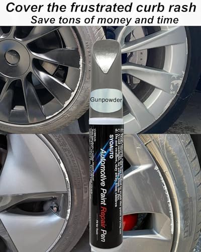 SYOAUTO 화약 림 터치업 페인트 테슬라 모델 Y 3 S X 우버터빈/거미류/사이버스팀/터빈 휠 터치업 페인트 펜 팁 및 브러시 2 in 1 림 스크래치 수리 휠 커브 래쉬 페인트 — 사진 3