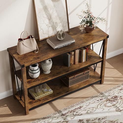 Farmhouse Console Table, 47 Inch Narrow Long Entryway Table with Storage, 3 Tier Wood Console Table for Living Room, Skinny Sofa Tables Behind Couch, Rustic Hallway Table for Entryway