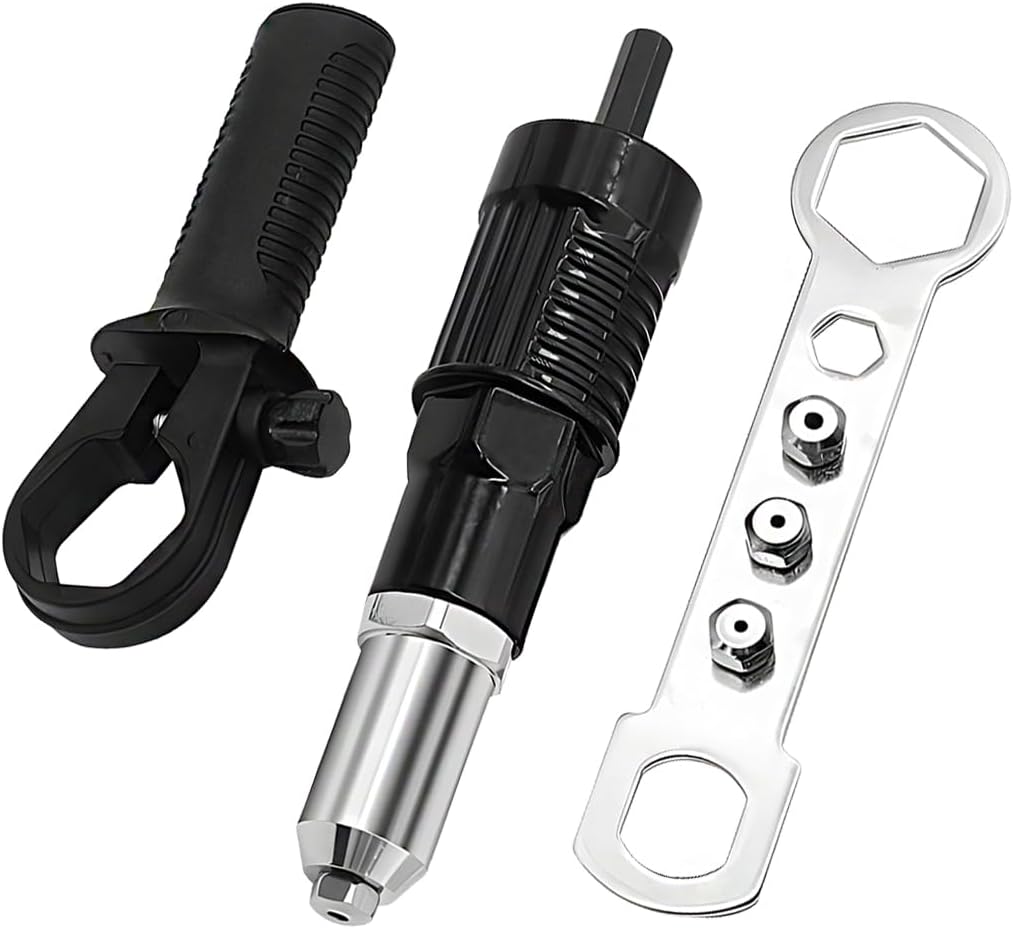 Car Pop Rivet Gun Adapter Kit, Cordless Vehicle Electric Riveter Drill Attachment with 4 Rivet Head, Automotive Power Drill Adapter Tool Kit, Universal for Most Vehicles