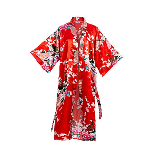 Asian Home Flower Peacock Satin Silk Kimono Robe, Dressing Gown,