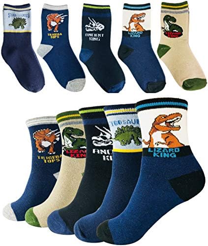 Boys Dinosaur Socks For 7-10 Year Old Cotton Sock 5 Pack Tiny Captain ( Black and Blue)