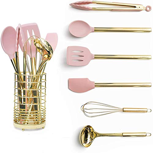 Gold & Pink Kitchen Utensil Set with Holder - Pink Cooking Utensils:Gold Whisk,Gold Ladle,Pink Spatula,Gold Tongs,Pink Spoon,Turner,Gold Utensil Holder - Pink Kitchen Accessories & Pink Kitchen Decor