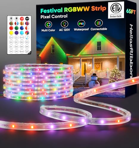 65FT Outdoor LED Strip Lights RGB+IC with Warm&Cool White, 120V Pixel Control Color Changing Festive Light Strip ETL Listed, Waterproof and Connectable, for Christmas Halloween Porch Eave Patio Party