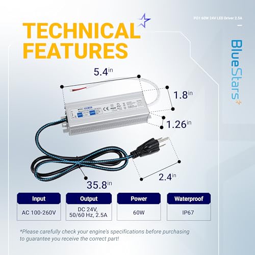 Image of 60W 24V LED Power Supply Driver 2.5A with US Standard 3-Prong Plug by BlueStars - AC 100-260V to 24V DC Constant Voltage Transformer IP67 Waterproof for LED Strip Lights Indoor & Outdoor