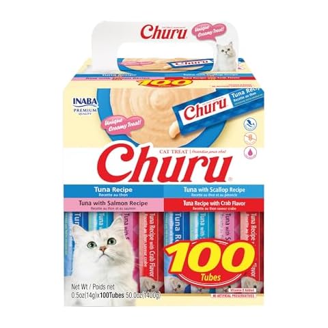 INABA Churu Cat Treats, Lickable, Squeezable Creamy Purée with Vitamin E, 0.5 Ounces per Tube, 100 Tubes Total, Tuna Variety Cover