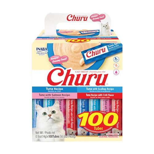 INABA Churu Cat Treats Lickable Squeezable Creamy Pure with Vitamin E 0.5 Ounces per Tube 100 Tubes Total Tuna Variety