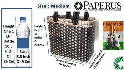 Image of Paperus, Medium, Black Check, Lunch Bag, Tiffin Basket for Office, Handbag, Carry Bag, Travel Bag, Eco-Friendly, Handmade, of Paper Ropes, in Inches 11 Height, 12 Length & 6 Wide Base
