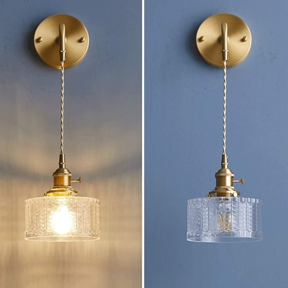 Wall Light Long-line Chandelier Bedroom Bedside Wall Lamps, All-Copper Glass Flower Cup Lampshade Wall Sconces