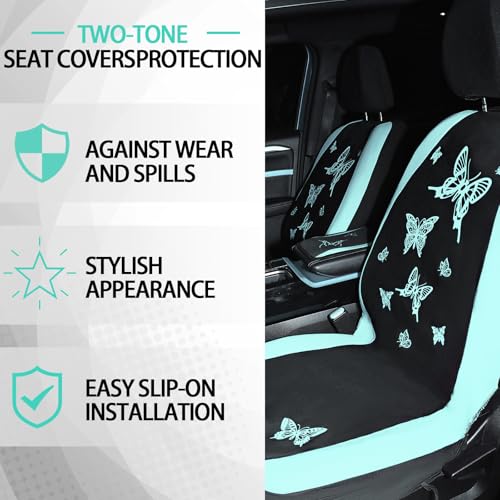 BBTO 43 Pcs Butterfly Car Seat Full Set Butterfly Car Accessories for Women 5 Front Rear Seat Covers Wrist Strap 2 Pcs Cup Mat Armrest Pad 2 Belt Cover Accessories for SUV(Mint Green, Black) - Image 6