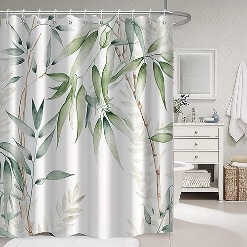 Ruelvth Green Bamboo Shower Curtain, Watercolor Green Leaves Shower Curtain
