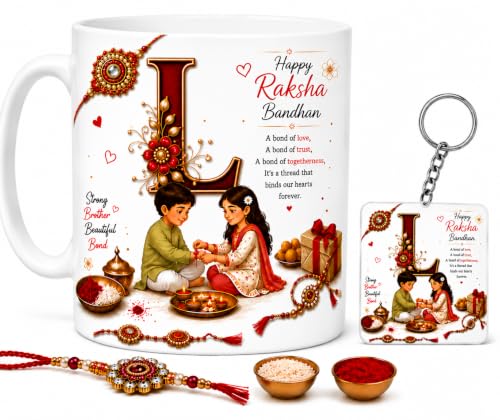 Image of Raksha Bandhan Alphabet L Coffee Mug with Matching Square Keychain | Includes Rakhi, Roli & Chawal | 350 ML Ceramic Printed Cup | Brother Sister Festival Collection