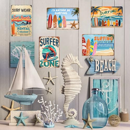 Vintage Metal Tin Signs, Beach Surfboard Wall Art Decor, Tropical Ocean Theme, Set of 5, Retro Style for Home, Room, Summer Decoration