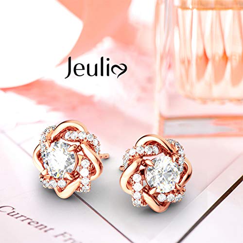 Image of Jeulia Flower Rose Gold Plated Earrings 925 Sterling Silver Cushion Cut Cubic Zirconia Stud Earrings for Women