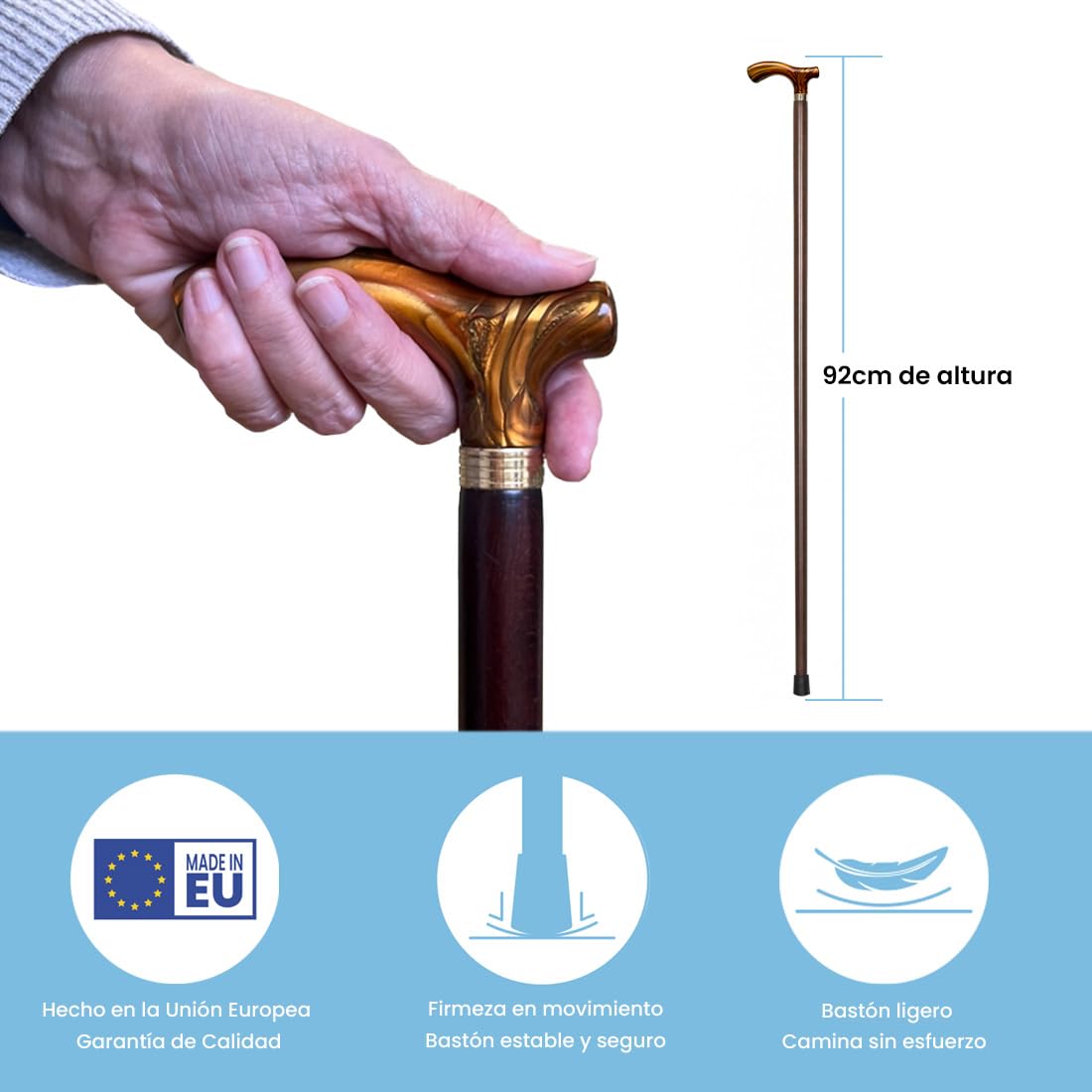 Flexor - Canne de Marche élégante | Poignée Ergonomique méthacrylate Grise | Résistante et légère | Artisanat Bois Durable | Confort Quotidien, Brun, Bois