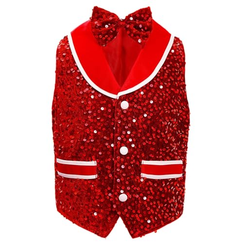 Unisex Kids Boys Girls Dance Party Shirt Sparkling Sequins Velvet Vest Buttons Irregular Hem Waistcoat with Bowtie