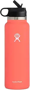 Hydro Flask Water Bottle - Wide Mouth Straw Lid 2.0 - 40 oz, Hibiscus