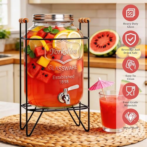 Image of Glass Beverage Dispenser with Metal Stand, 5 Liter Drink Container with Spigot and Wooden Handle Perfect ForJuice Infused Water Beer Dispenser Party,Bars,Home & Restaurants Set of 1