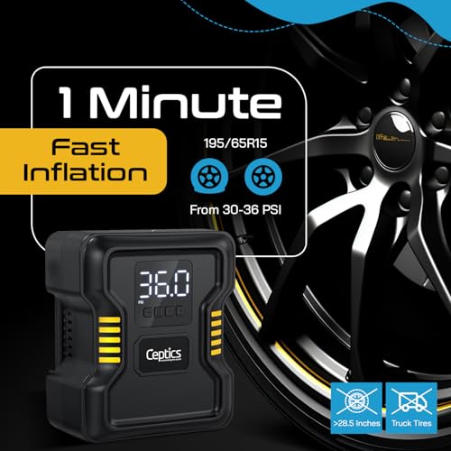 Image of Ceptics Portable 150PSI Tyre Inflator for Car Compressor Air Pump - Metal Cylinder Fast Inflation Pump 12V DC with LED Light for Cars, Bicycles, Black