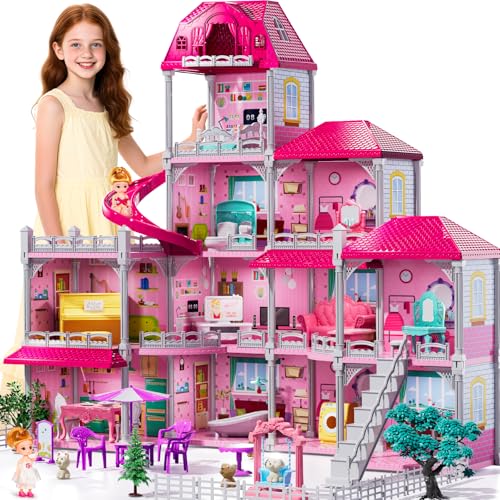 JUKUDAHU Villa Playset for Girls Ages 3-7 Indoor Playset Girls Toys for Ages 6-8 with 4 Storeys 11 Rooms 2 Dolls Furniture and Accessories Pretend Toddler Toy Birthday Gifts for Kids 3 4 5 6 7 8