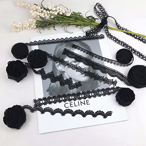 IDONGCAI Venice Lace Ribbon Set 8 Patterns Lace Trim Vine Lace Vintage Crochet Lace Fabric for Garment Sewing DIY Craft, Home Decor, DIY Arts and Crafts(Black)