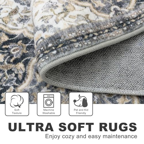KILOCOCO 2x6 Runner Rug, Moroccan Super Soft Washable Hallway Runner Rug, Accent Print Faux Wool Kitchen Runner Rug 6 Feet Non-Slip Boho Rug Runner for Laundry Room Bedroom, Greenish Gray Beige