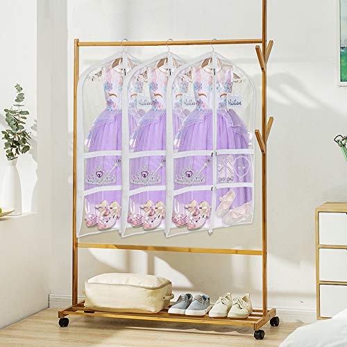 Univivi Clear PVC Dance Costume Bags (3 Pack) Garment Bag 40 Inch for Dance Competitions, with 4 Medium Clear Zipper Pockets and 1 Large Back Zippered Pocket [Upgraded Version]