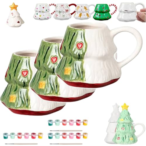 DIYぬりえクリスマスマグペイントキット、自分だけの陶器ツリーをペイント、絵の具とブラシ付きのクリエイティブコーヒーマグクラフトセット、大人、子供、家族へのホリデーアートデコレーションギフト(White3pcs)