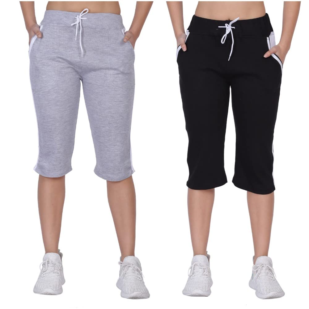 Women Cotton Striped Capri Pack of 2 (Black- Grey) (L)-picture-32