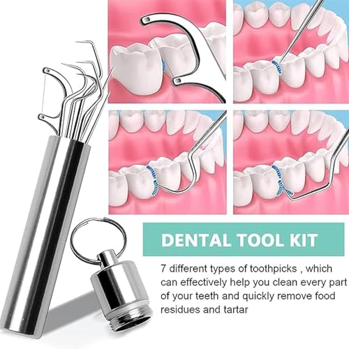 Image of SPAREQUE tooth claening kit,Dental Tools, 7 in 1 Stainless Steel Teeth Cleaning Tool Kit, Dental Hygiene Kit Toothpicks Cleaning Picks Flosser for Teeth Braces Cleaning Tools