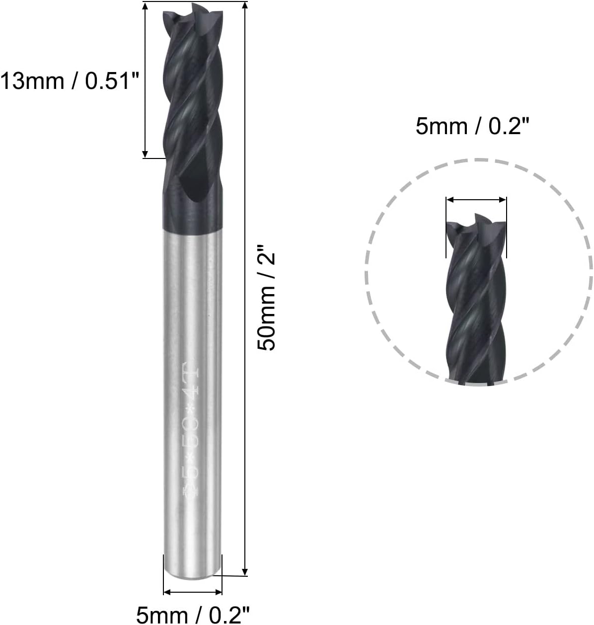 uxcell Square Nose End Mill, 5mm Tip Dia Solid Carbide AlTiN Coated CNC Router Bits 4 Flute Spiral Milling Cutter HRC45 with 5mm Shank 50mm (2-inch) Length