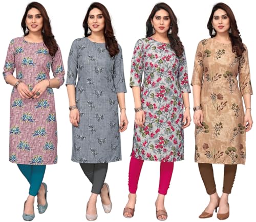 Image of JAKHANA Women's Crepe Printed Casual Straight Calf Length Round Nick Kurta Pack of 4