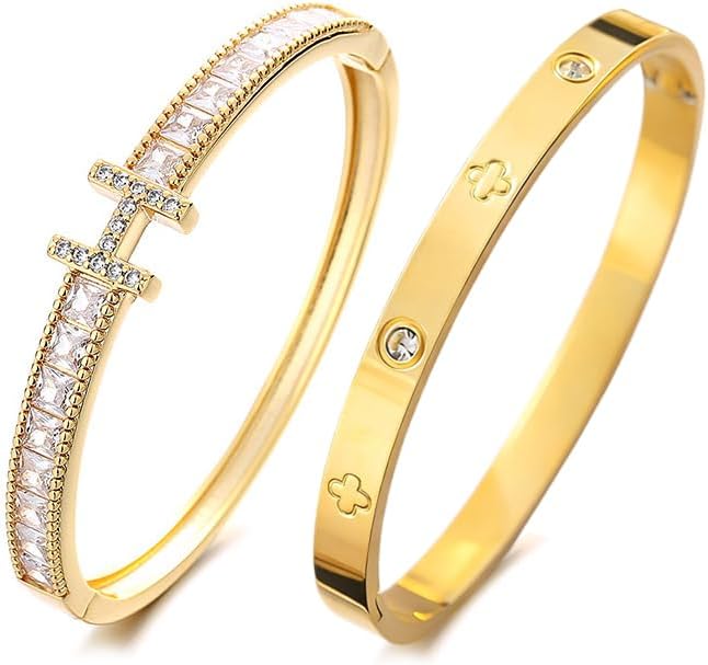 18K Gold H & Love Bangle Bracelets for Women, Stackable Cubic Zirconia H and Love Bracelet Set, Luxury Trendy Stack Jewelry Gift