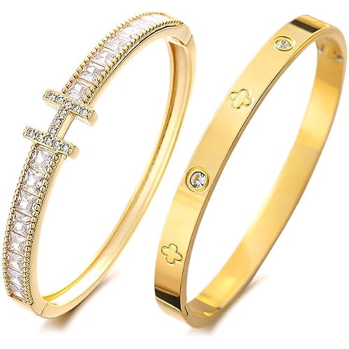 18K Gold H & Love Bangle Bracelets for Women, Stackable Cubic Zirconia H and Love Bracelet Set, Luxury Trendy Stack Jewelry Gift