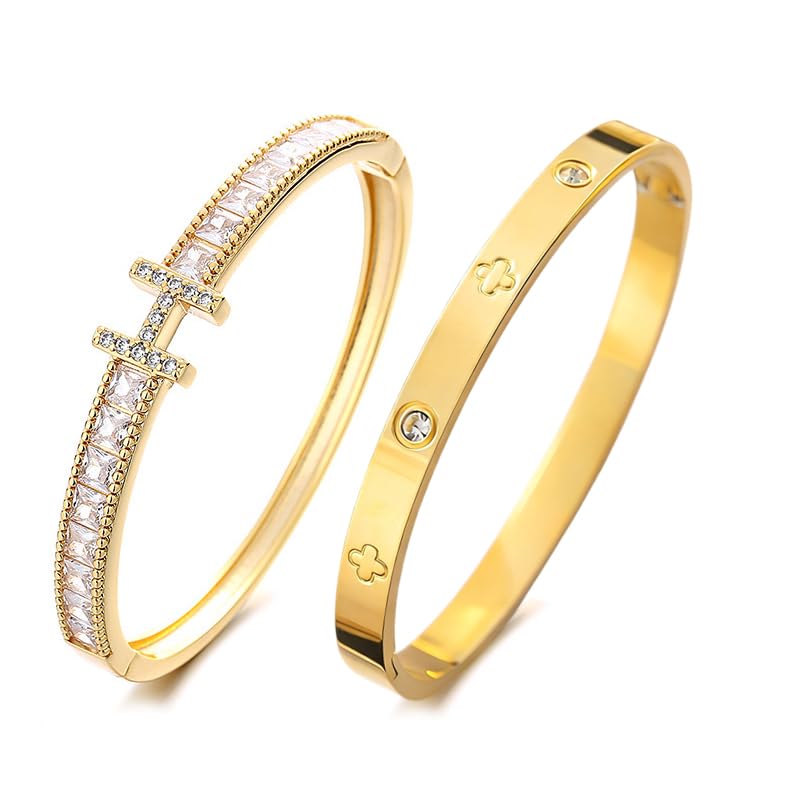 18K Gold H Love Bangle Bracelets for Women Stackable Cubic Zirconia H and Love Bracelet Set Luxury Trendy