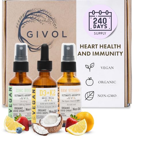 GIVOL Immunity Support Pack - Raw Vitamin C, D3 & K2 Liquid, Zinc Picolinate - Premium Heart Health Vitamins w/Essential Minerals, Antioxidant Properties, & Cardiovascular Benefits - 180 Days Supply