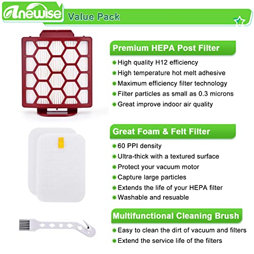 Anewise Filter Replacement For Shark Navigator Pet Pro Plus Nv150 Nv150C Nv151 Nv251 Rotator Nv255 Zero-M Zu60 Zu62 Zu62C Upright Vacuum, Compare To Part # 1238Ft60 & 1239Ft60, 2 Hepa + 6 Foam & Felt Filters #TOP2