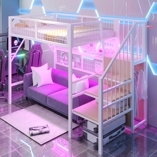 Worletty Cama doble, cama de hierro, cama alta, adecuada para niños y adolescentes, versátil, con tiras de luz LED controladas por la aplicación, escalera con espacio de almacenamiento, armario