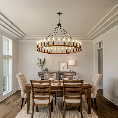 FOVICY 48-Inch Rustic Solid Wood Chandelier, 30-Light Wagon Wheel Light Fixture for Dining Room, Large Modern Farmhouse Chandeliers for High Ceiling Entryway by FOVICY - Image 2