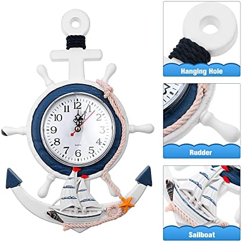 WINOMO Mediterranean Style Anchor Clock Beach Sea Theme Nautical Ship Wheel Rudder Steering Wheel Decor Wall Hanging Decoration