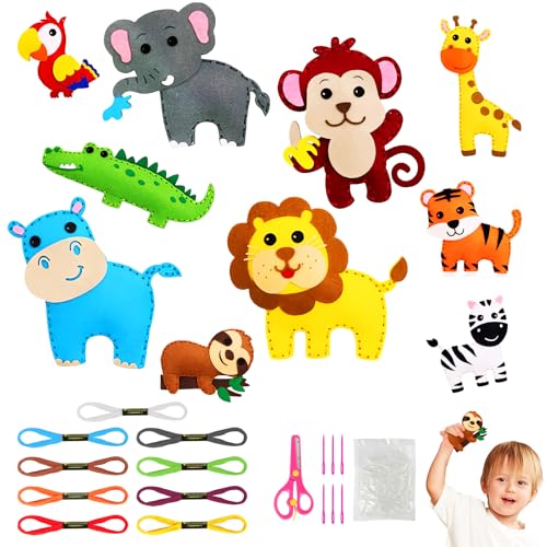 Vicloon - Kit de costura infantil, 10 unidades, kits de costura de fieltro de animales para niños de 6 años, con hilo de bordar/agujas de plástico, relleno de algodón