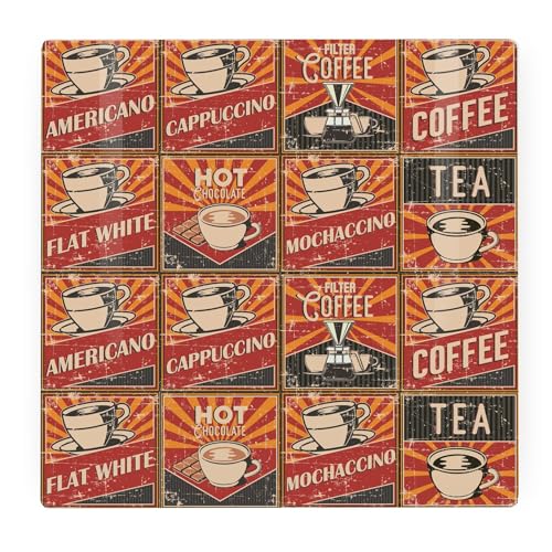 Retro Drinks Large Square Glass Worktop Protector - Hot Drinks American Diner Retro Style Gifts - Smooth Board Kitchen Chopping/Cutting Board Worktop Saver with Non-Slip Feet 30cm x 30cm (12" x 12")