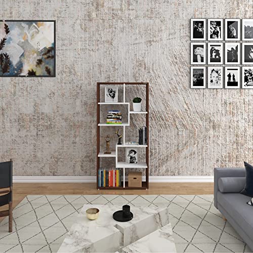 Image of Anikaa Petra Engineered Wood Bookshelf Storage /Book Cabinet /Book Rack, 6 Shelves (Walnut /White)