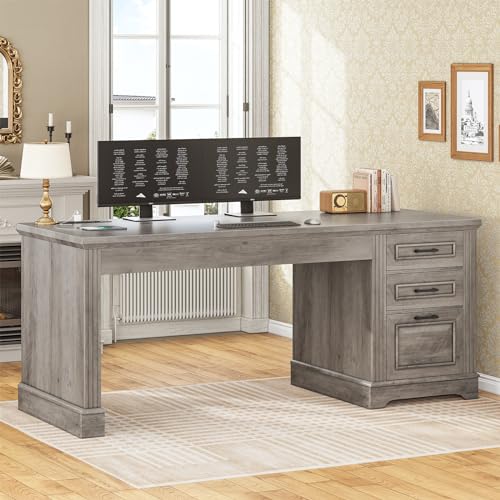SEDETA Executive Office Desk with 3 Drawers, Farmhouse 55" Computer Desk with Storage File Drawers & Power Outlet for Home Office, Grey Executive Desk
