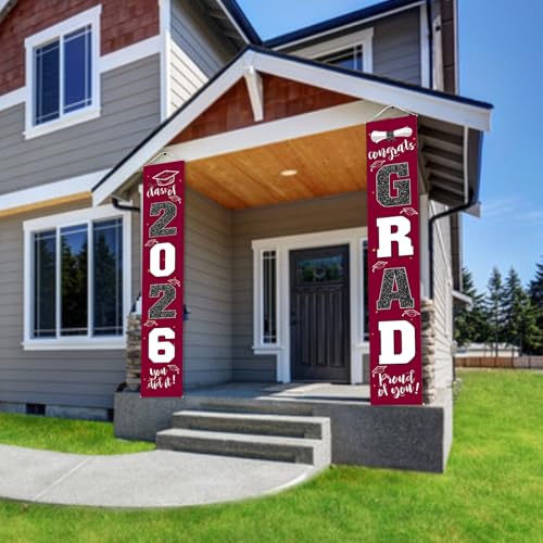 Image of Graduation Decorations 2026 Banner Porch Sign Maroon Burgundy Red for Class of 2026 Graduates Party Supplies