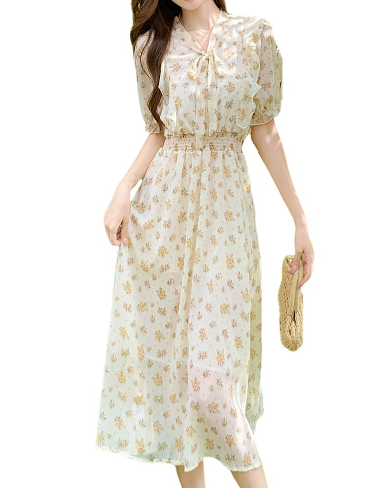 Collecala Women's Summer Clothing V-Neck Floral Print Waist Drawstring Fluffy Long Dress Adult Girly Tunic Dress Summer Chiffon Lined Cool Dress A-Line Dress