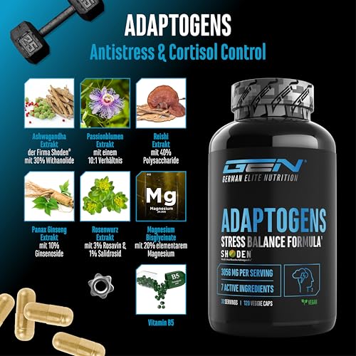 Adaptogene Komplex - Antistress & Relax Support mit Shoden® Ashwagandha, Reishi, Ginseng, Passionsblumen, Rosenwurz Extrakt - Magnesium - Vegan - 120 Kapseln