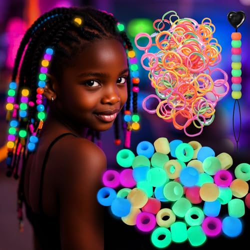 AIERSA Silicone Hair Beads Glow in The Dark for Kids Girls Braids, 50pcs Soft Colorful Pony Beads Bulk for Kids Girls Women Hair Accessories for Braids
